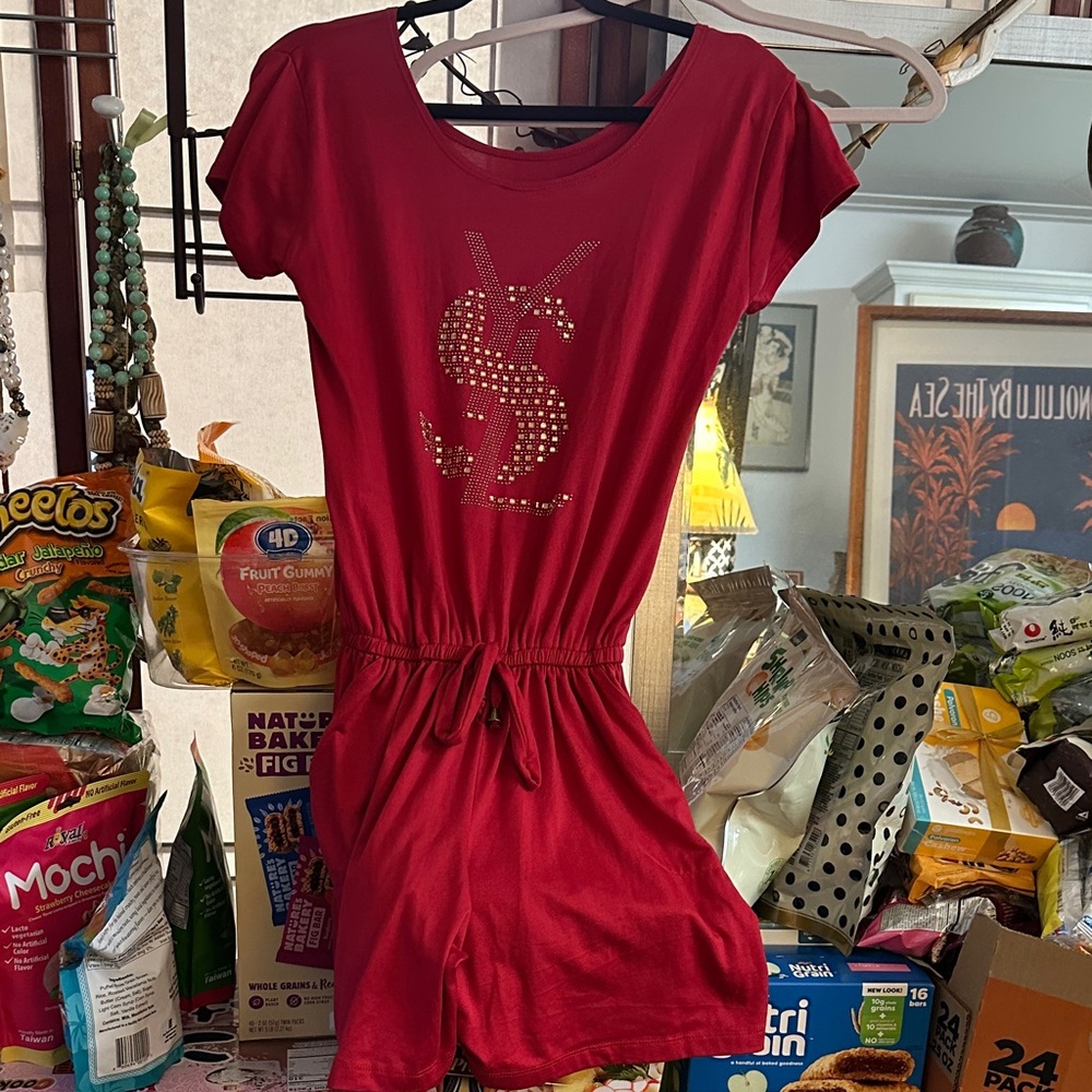 Red Short Sleeve Drawstring Romper with Rhinestone Logo